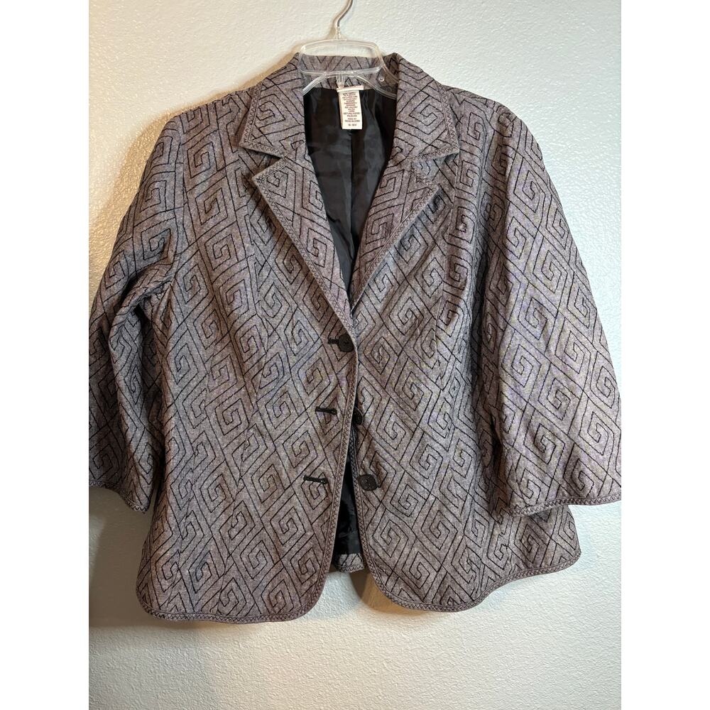 Covington Gray Greek Key Embroidered Linen Blend Blazer Jacket Women's 16-18W